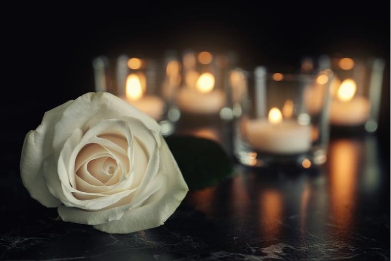 White rose with candles in the background